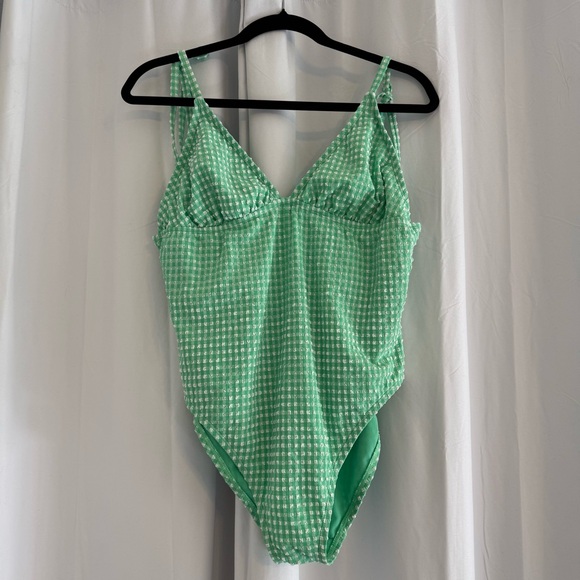 Time and Tru Gingham One Piece Swimsuit Tie Shoulder Women’s Large 12-14 Green - Picture 2 of 7